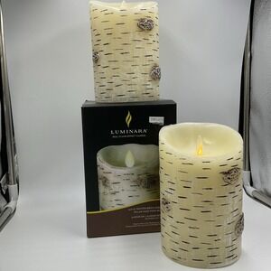 2 Genuine Luminara Flicker Candles Birch Bark Ivory Flameless 3.5"X 5" W/ Timers